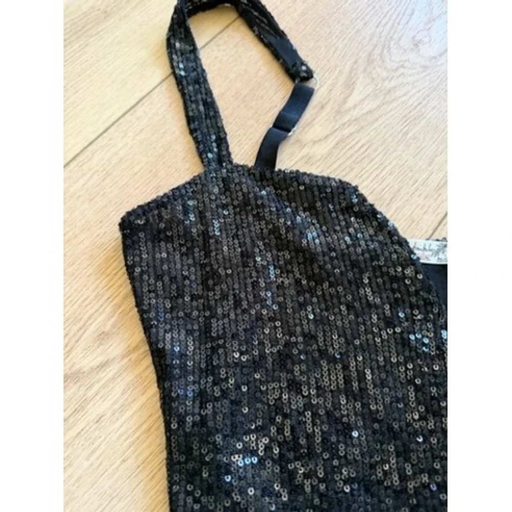 Free People Black Sparks Fly Sequin‎ Bodysuit Sequin V-Neck Thong Sm Straps x123